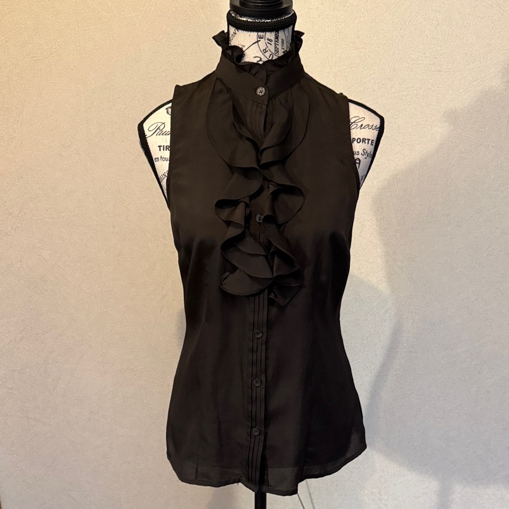 High-Neck Brown Ruffle Sleeveless Blouse